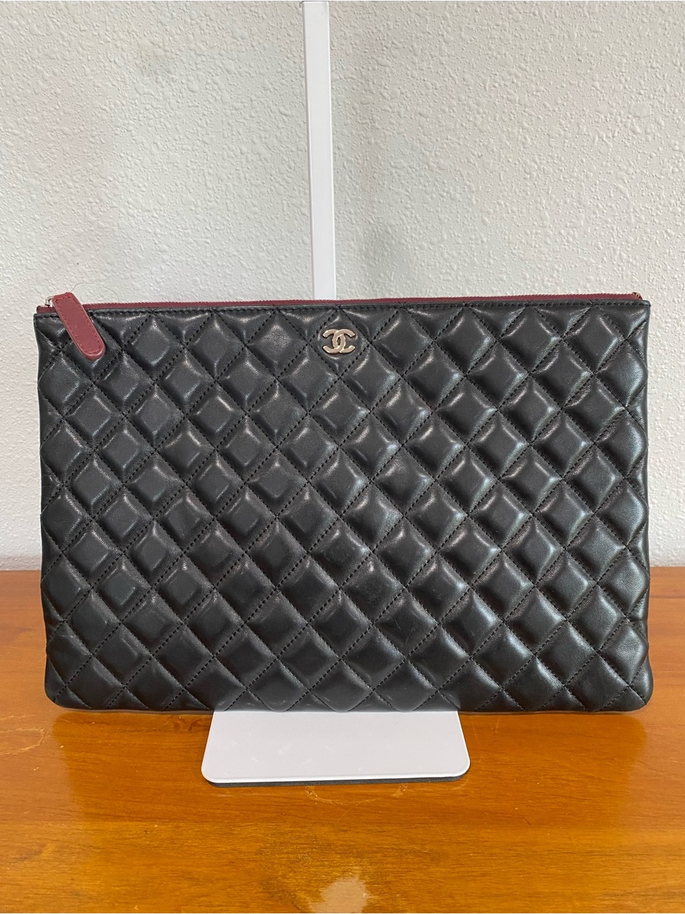 Black Quilted Leather Zip Clutch with Burgundy Trim